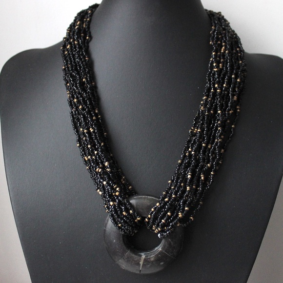 1980s boho tribal multistrand necklace beads horn black gold glass collier - Picture 11 of 11